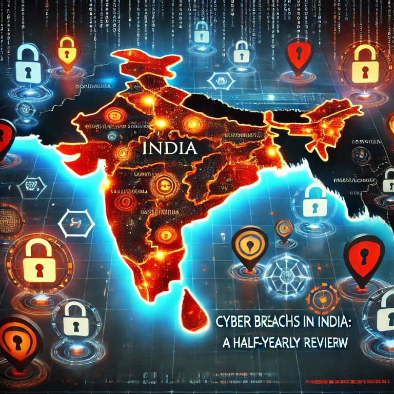 Illustration representing cybersecurity breaches in 2024, featuring data breaches, ransomware attacks, and digital defenses with icons of hackers, locks, and exposed data
