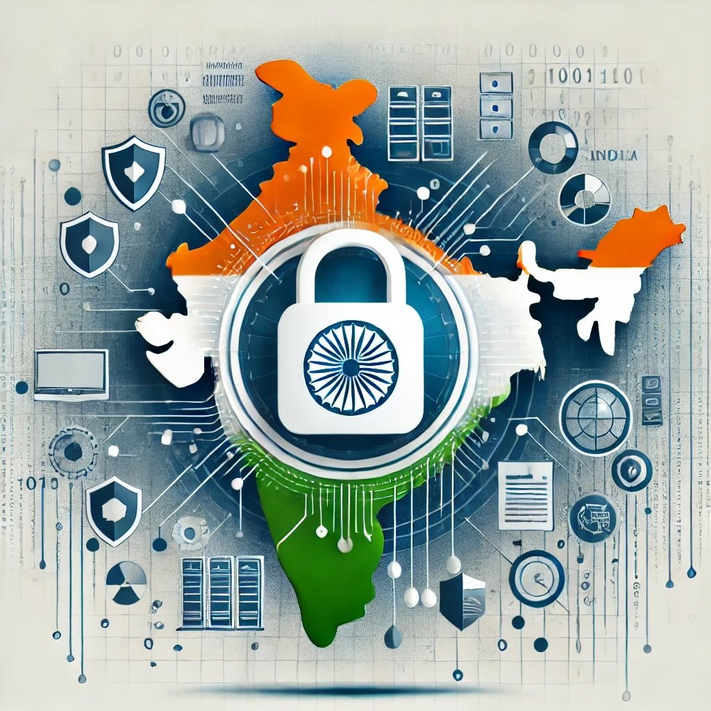 DPDP Rules 2025 Compliance Illustration Illustration of compliance with Indian DPDP Rules 2025 showing a shield and data privacy icons