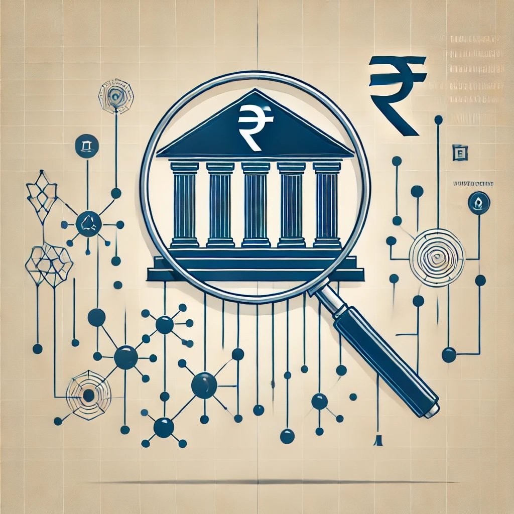 Illustration of Money Mule Hunter by RBI Innovation Hub, showing AI-driven detection of suspicious bank transactions with Indian Rupee (₹) and pattern recognition technology