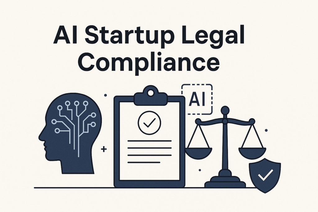 Illustration representing AI Startup Legal Compliance showing an AI brain, legal shield, data protection, and regulatory checklist

